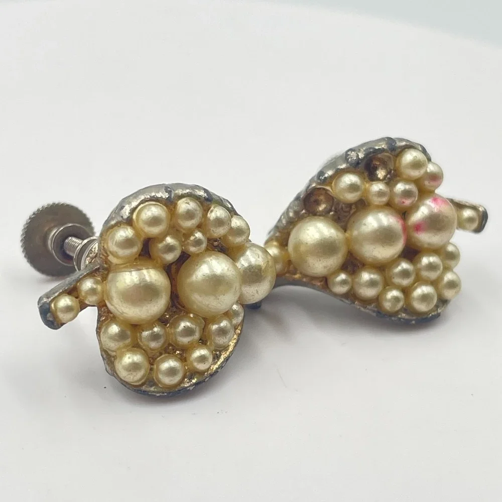 Vintage Mid-Century Faux Pearl Leaf Cluster Screw Back Earrings Silver Tone